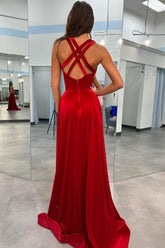 Red Prom Dress Sheath V Neck Long Evening Dress With Slit